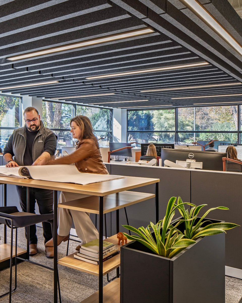 Two coworkers standing at a high table reviewing documents in a modern open office with desks, computers, indoor plants, and large windows.